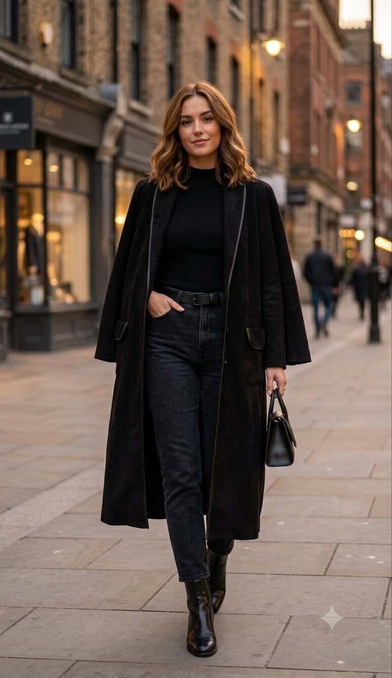 Jo Hardin Vintage Women's Black Longline Faux Suede Duster Coat